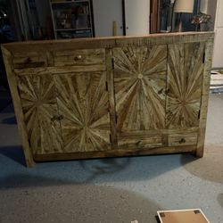 New Hand Carved Wood Cabinet in Sunburst Design
