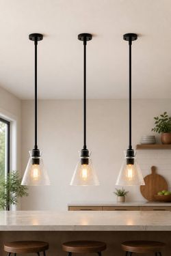 Finktonglan Pendant Light Set of 3 Black Glass Shades w/ 4 Rods