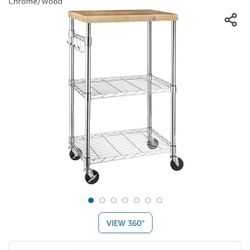 Kitchen Portable Island Storage Microwave Rack Cart on Caster Wheels with Adjustable Shelves, 175-Pound Capacity - Chrome/Wood