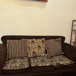 3 Piece Wooden Coffee Brown Couches With 7 Pillows, 2 Brown Mini Brown Tables  (can go cheaper)