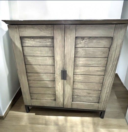 Shutter Design Wooden Shoe Cabinet with Metal Trim Base, Gray(New)