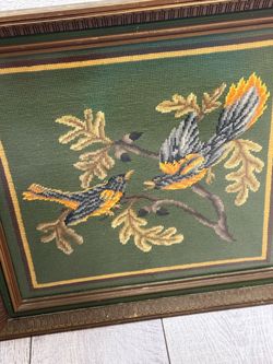 Vintage embroidery BIRD CREWEL framed art