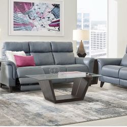 Cindy Crawford Home 3 piece Avezzano Blue Dual Power Reclining Leather Sofa Set 