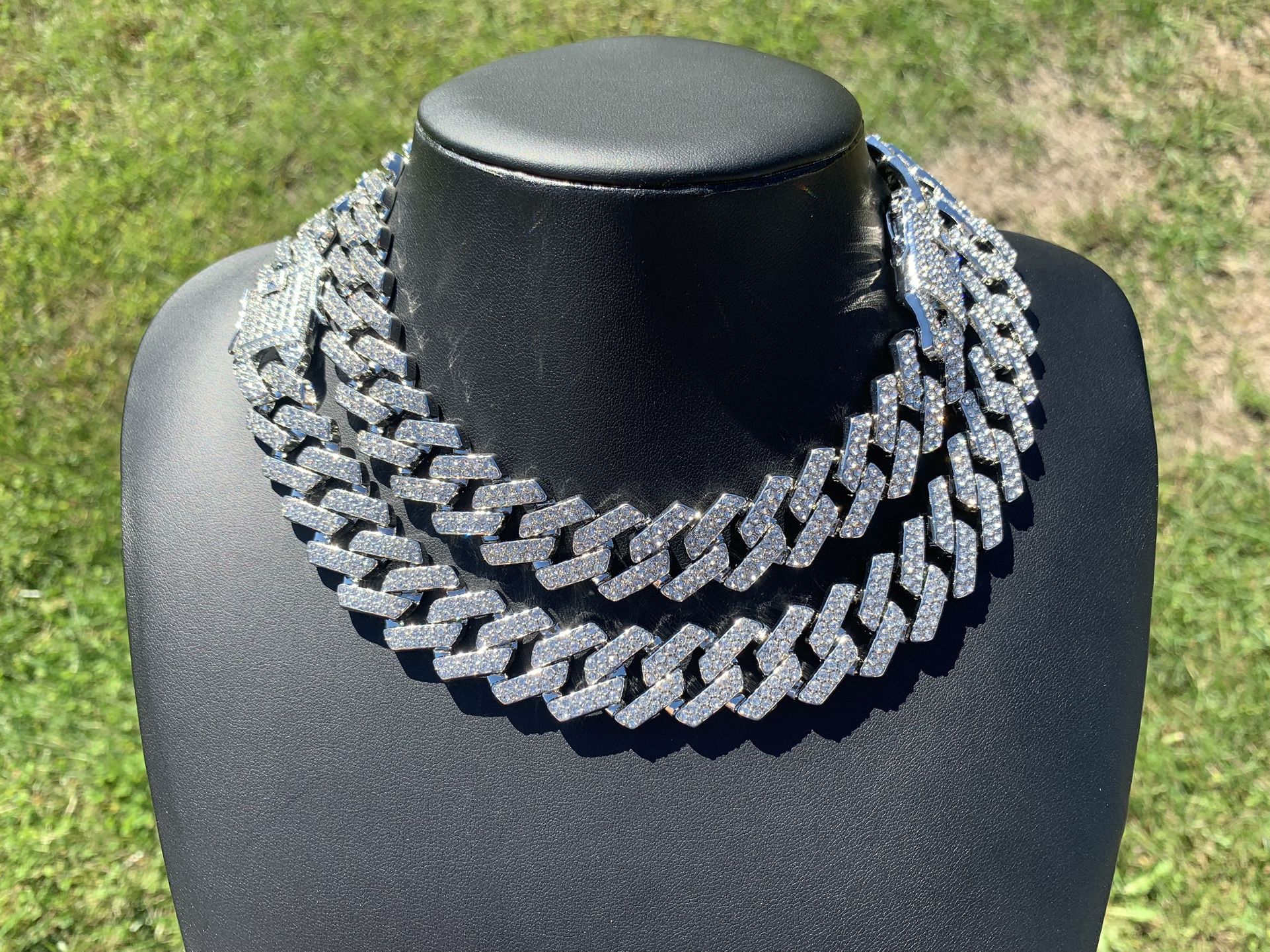 14k White Gold Plated Cuban Prong Link Chain 20mm 18” 20” Iced out Premium Choker Necklace Box Clasp