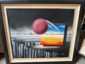 Signed Surrealist Space Landscape Oil Painting