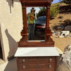 Victorian Antique Dresser with Ornate Mirror and Marble Top"