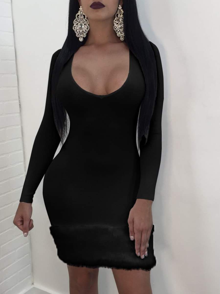 Ladies Black Dress With Fur