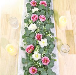 TOCHGREEN 2 Pack Artificial Eucalyptus Flower Garland with Pink White Roses Fake Rose Flower Greenery Garland Floral Vines for Wedding Aisle Centerpie