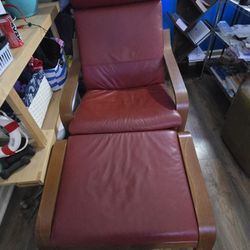 2 Red Leather IKEA Poang Chairs & 1 Red Leather Ottoman 