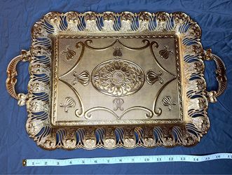 Asia HC-226 Turkish Gold Tone Zamac Serving Tray 15” Ornate Filigree Handles