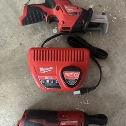 Milwaukee 48-59-2401 12V Charger And Battery, Milwaukee 2420-20 12v Hackzall, And Milwaukee 2457-20 3/8” Ratchet