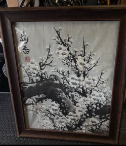 Chinese Watercolor Cherry Blossoms On Xuan Rice Paper Matted And Framed 31x16