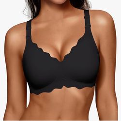 Size 2X No Underwire, Scalloped, Push Up, Seamless, Full Coverage Super Soft Convertible Jelly Bra, Black, NEW