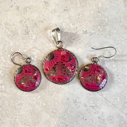 Mexican Aztec Pyramid Silver & Pink Necklace & Earring Set
