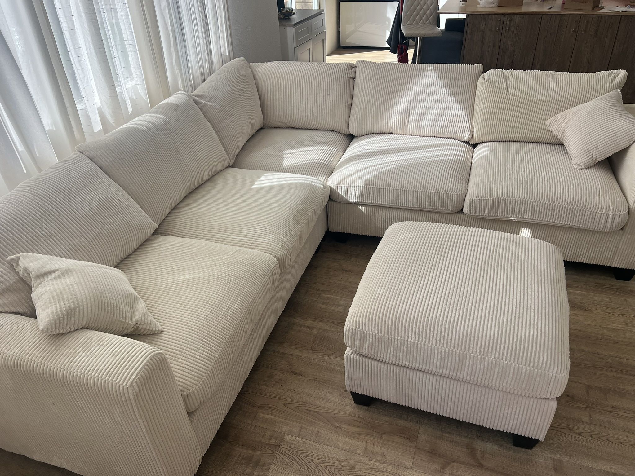 $0 Down! New Corduroy Sectional. Off White / Beige. 99” X 99”. Free Delivery!