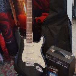 Fender Squier Guitar,  Amp, 2-Cords, Stand, Soft case & Strap Locks 