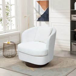 LuxenHome Upholstered White Club Swivel Chair with Dark Brown Base，IF2117