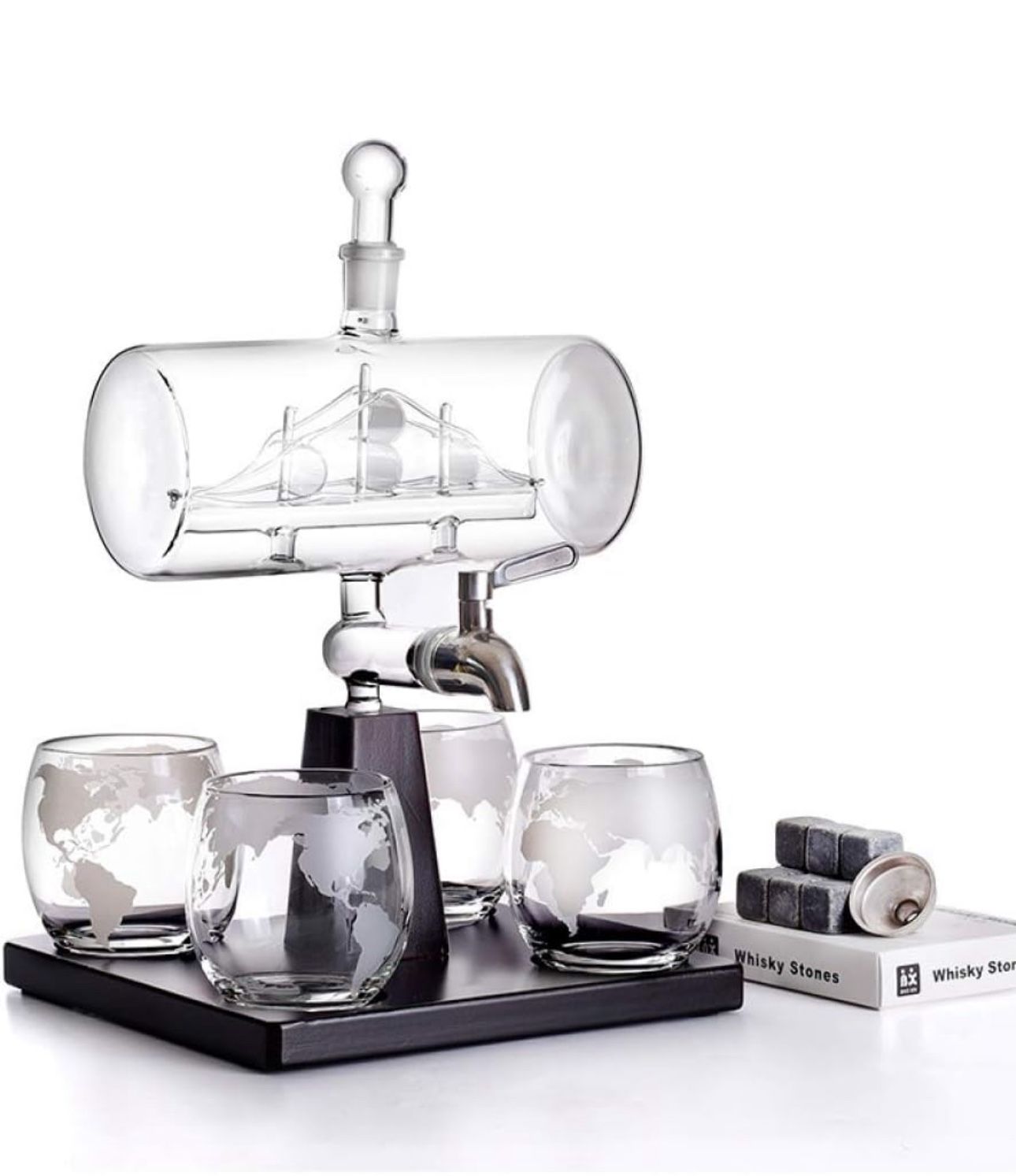 Vodka Wine Container, Whiskey Wine Container Set, Wooden Stand Weigh Sail Wine Bottle Set with 4 Whisky Tumbler Glasses,for Brandy Tequila Bourbon Sco