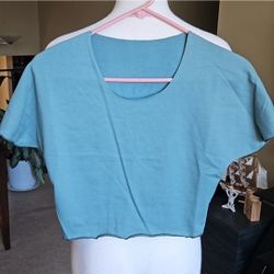 Cut Off Crewneck Crop Top Sweatshirt (L) Teal