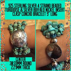 925 Sterling Silver 4 Strand Concho Bracelet 9”