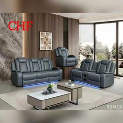 Livingroom 3 pc power reclining sofa set w/ Bluetooth speakers wireless charging