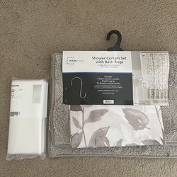 Bathroom shower curtain set and mats