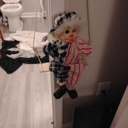 Monarch Clown Porcelain 16" Puppet Marionette on wooden swing Vintage