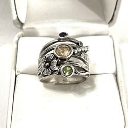 Vintage Rare Find Made In India .925 Silver Ring With Valuable (Citrine, Peridot & Amethyst) Gemstones. Size 7.5 