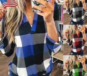 New v neck blue plaid shirt sz medium and large available