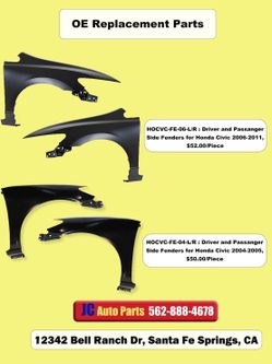 Fenders Fit For Honda Civic 2004 2005 2006 2007 2008 2009 2010 2011, Primed Black