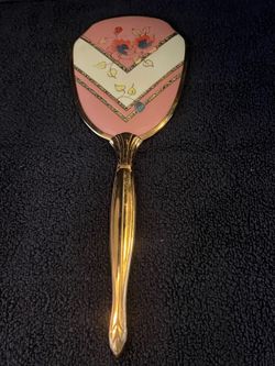 Vintage Mid-Century Hand Mirror Shield Shape Pink White Art Deco Style Chevron