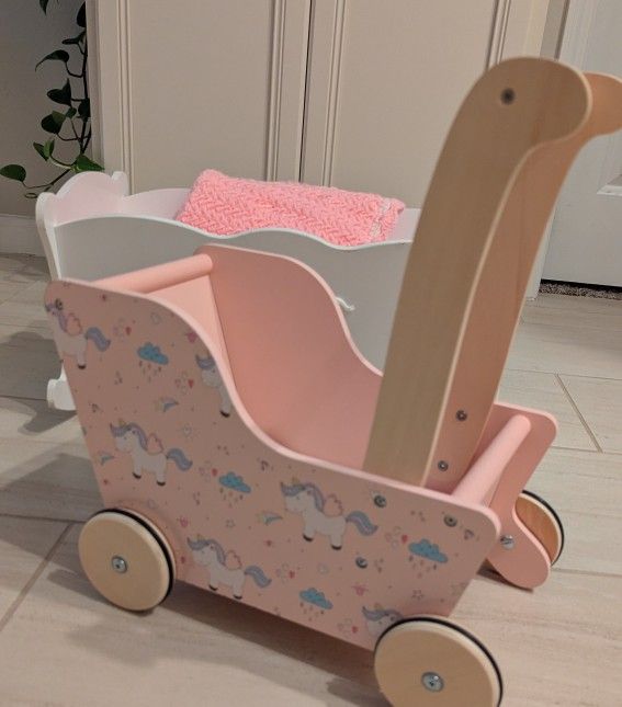 Moover Pink Wooden Unicorn Baby Doll Play Stroller