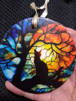 Black  Cat on limb glass ornament