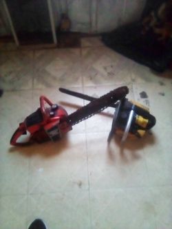 2 Chainsaws The red one is a Remington 34cc Works run great It's older And works better than any other chance The other one is a Eager Beaver chainsaw
