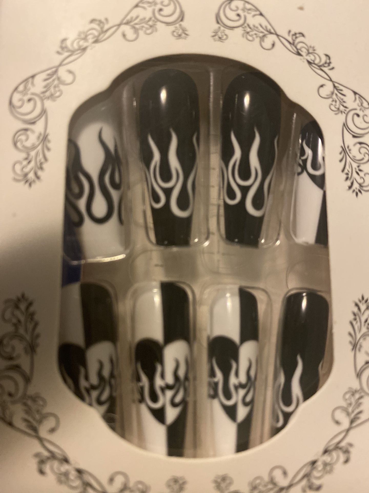 10 Pack Black and White Flamed Retro Long Coffin Shaped Press On Nails