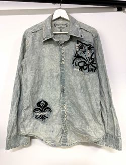 Y2K Godsend Gothic Button Up Shirt Acid Wash Blue Studded Flocked Cross Patches