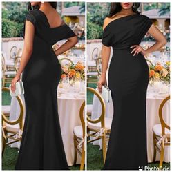 Elegant Sleeveless Off Shoulder Bodycon Long Formal Party Evening  Black Dress Sz-2XL Only