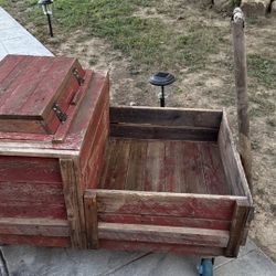 Rustic red painted rolling wooden storage trunk farmhouse crate cart wagon with cooler, barn decor
