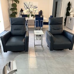 Set Of Two Navy Blue Faux Leather Manual Recliners