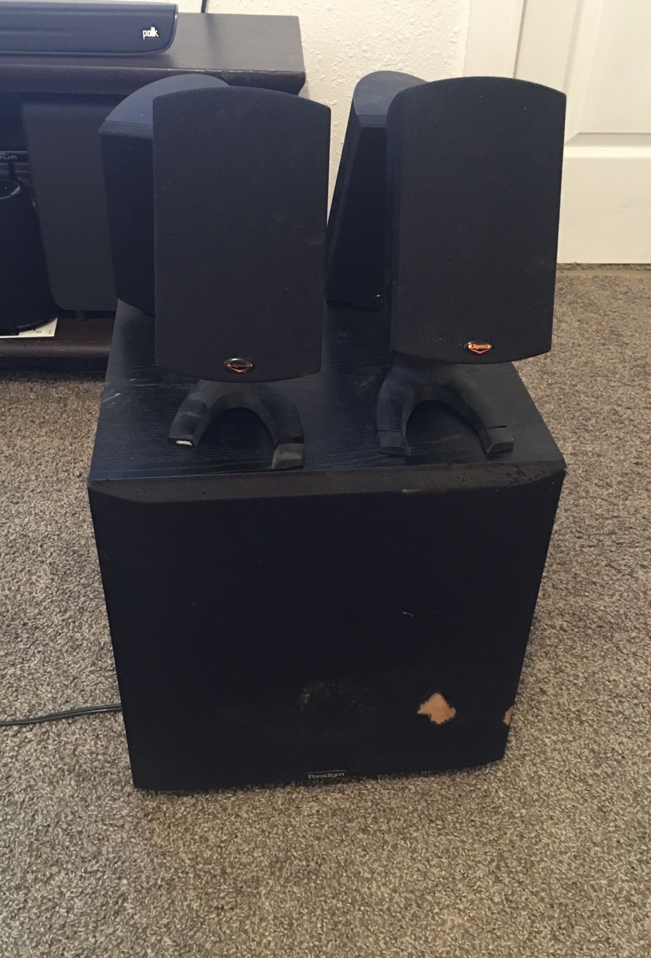 Klipsch surround speakers and paradigm powered sub