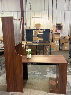 54.3 in. L-Shaped Foldable Brown Wooden Office Desk with Storage Cabinet, Space-Saving Pet-friendly Gaming Desk(Brown)💰120$  Warehouse Address: 2745 