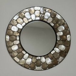 Vintage Capiz Shell Pebble Mosaic Metal Wall Hanging Round Mirror