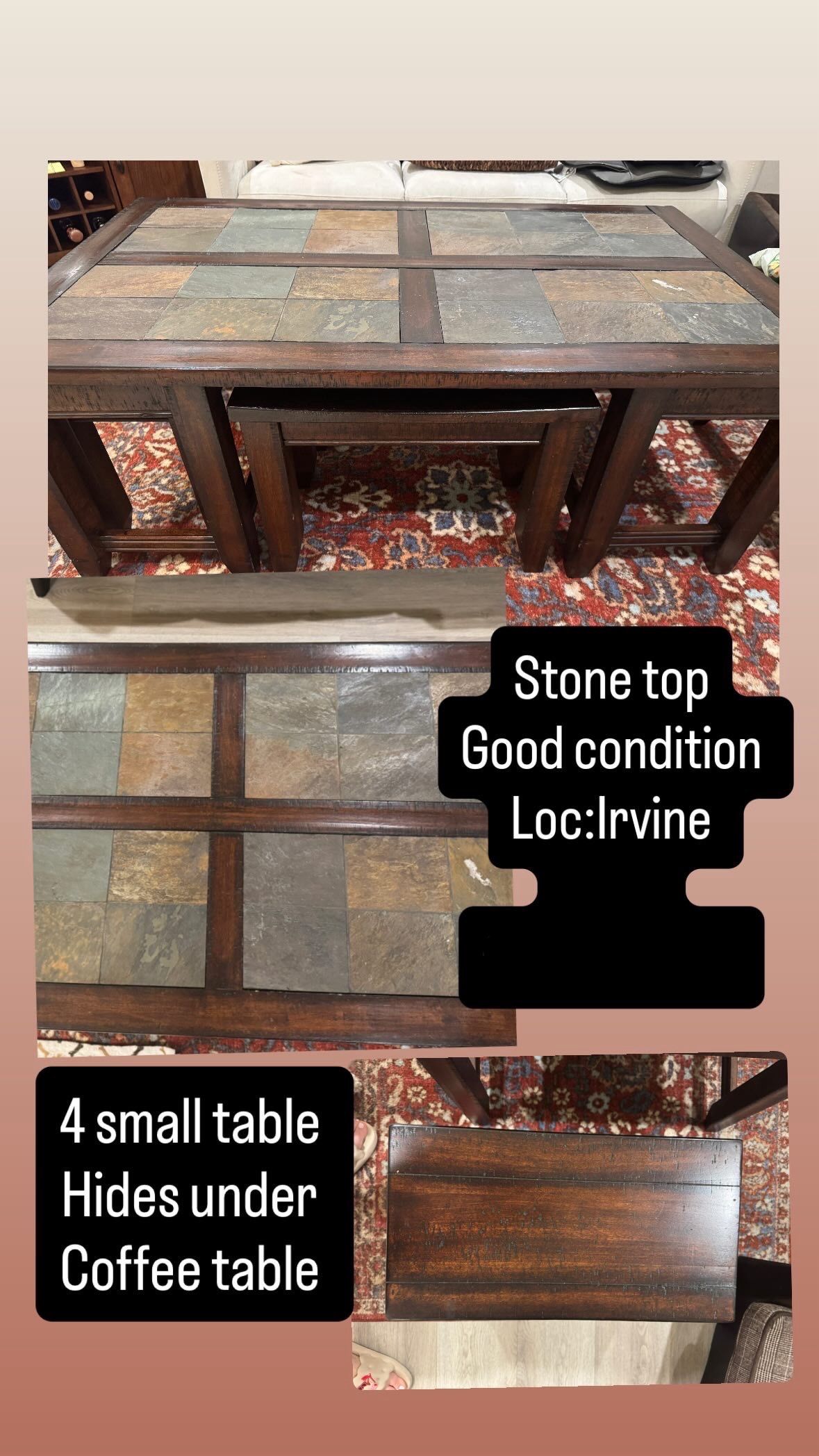 Slate Top Coffee Table with Hidden Nesting Stools/Side Tables!
