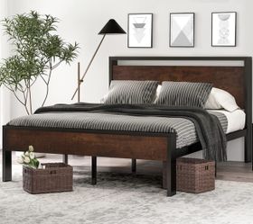  Full Size Metal Platform Bed Frame with Wooden Headboard and Footboard