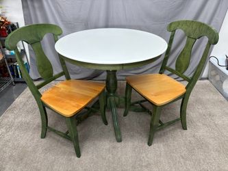 Light Green Made in Canada Farmhouse Pedestal Table w/ 2 Hourglass Back Chairs