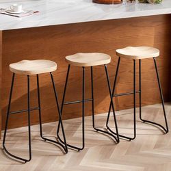 Wood Bar Stools Set of 3, 30" Backless Saddle Seat Barstools Ergonomic Curved Saddle Seat, 400 lbs Weight Capacity, Sturdy Metal Frame, Easy to Assemb