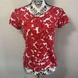 Emma James Floral Cardigan Sweater Short Sleeve Size PM Petite Medium Red White