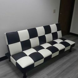 Brand New Black & White Checkered Leather Tufted Futon