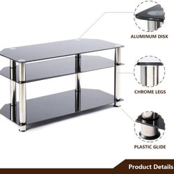Black Tempered Glass Corner TV Stand Cable Management Suit for up to 70 inch LCD, LED OLED or Curved Screen TVs