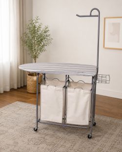 Rolling Laundry Sorter with Ironing Board & 2 Removable Bags